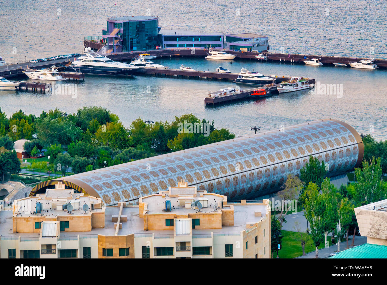 Aerial view of the Carpet Museum and the Caspian Wind Yachting club, Baku, Azerbaijan Stock Photo