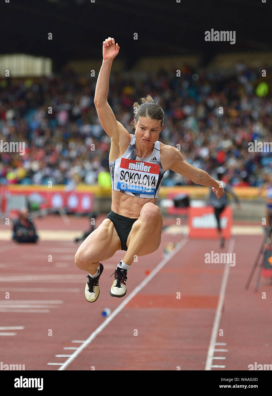 Yelena Sokolova in action during the IAAF Diamond League Athletics at the Alexander Stadium in Birmingham. Stock Photo