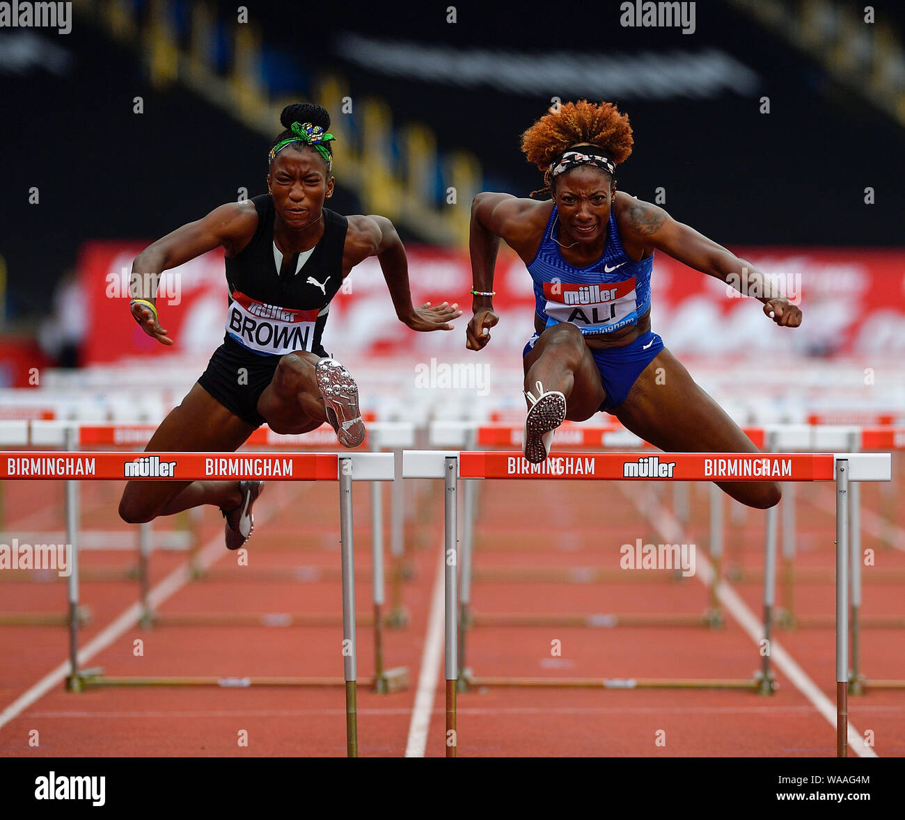 Janeek Brown Jamaica And Nia Ali Usa In Action During The Iaaf Diamond League Athletics At The Alexander Stadium In Birmingham Stock Photo Alamy