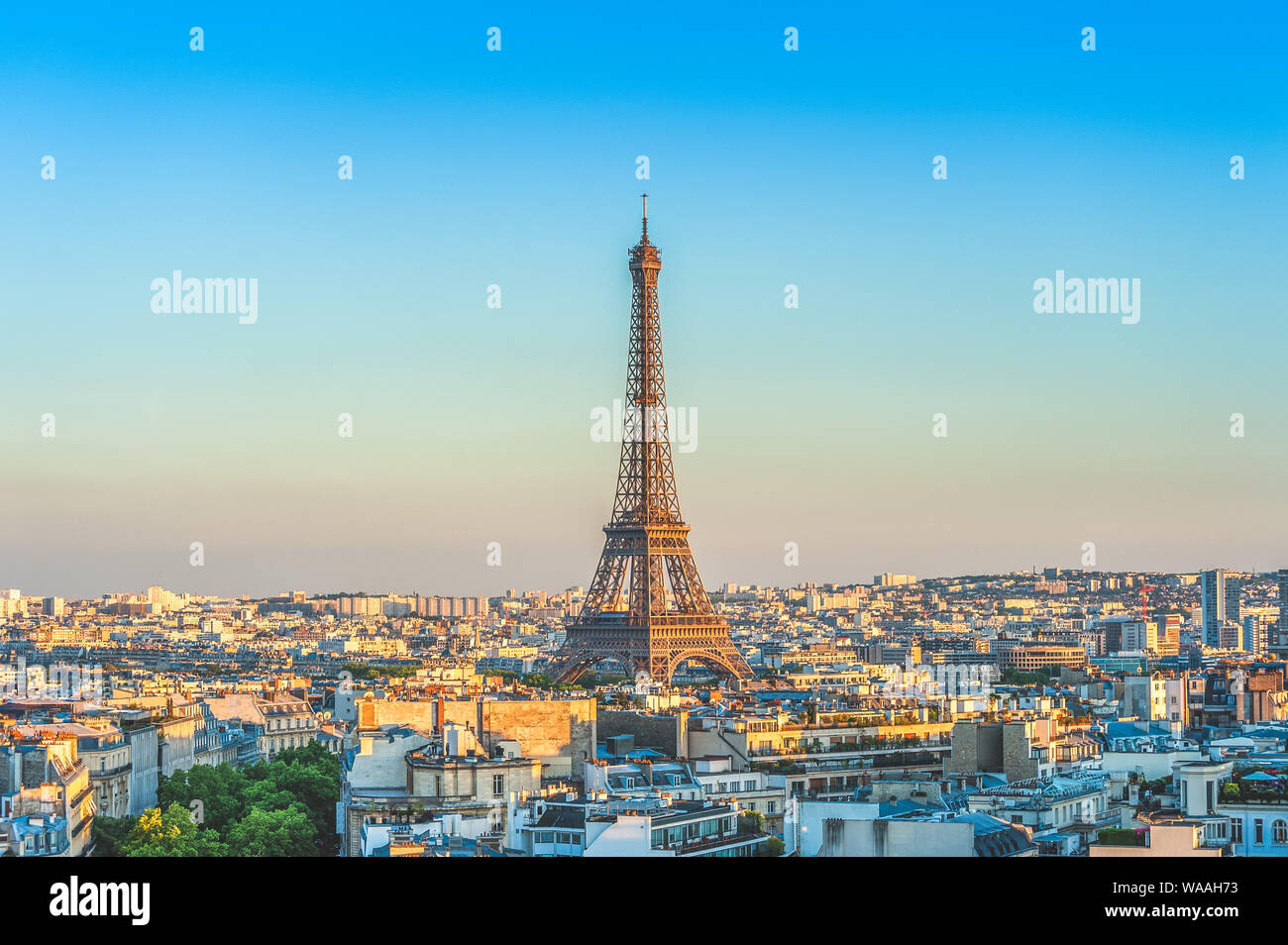 skyline of paris with eiffel tower at dusk Stock Photo