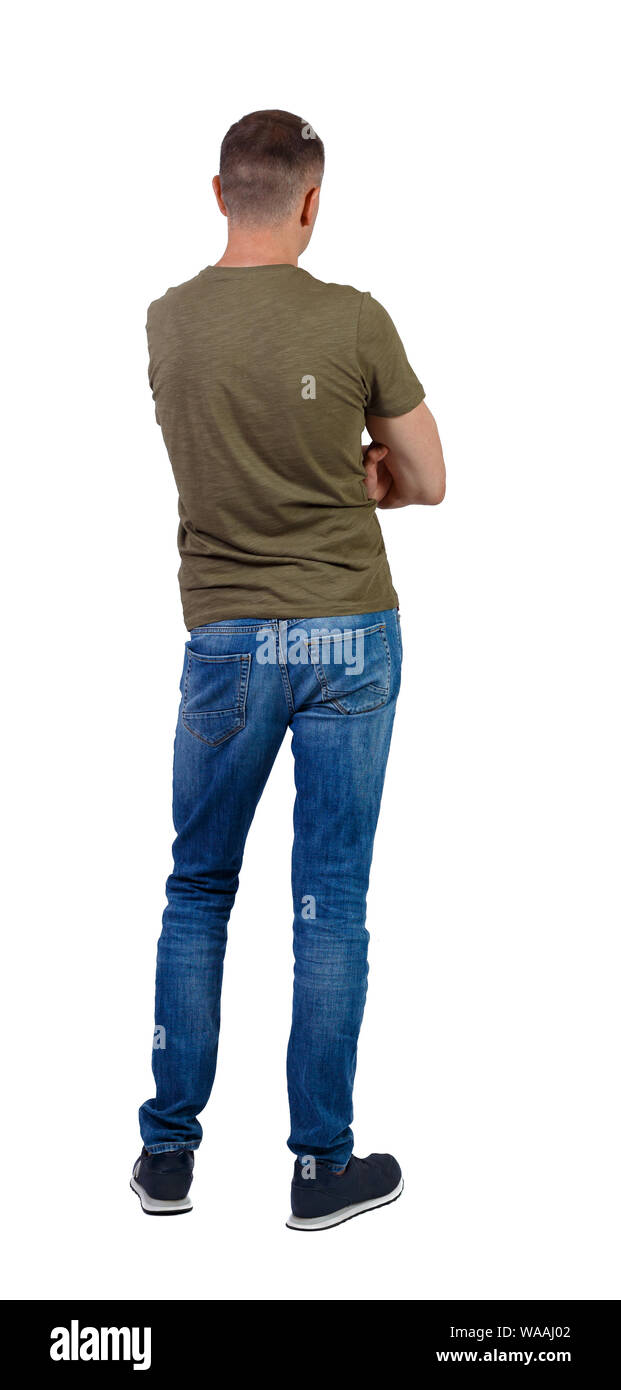 Back view of man in jeans. Standing young guy. Rear view people ...
