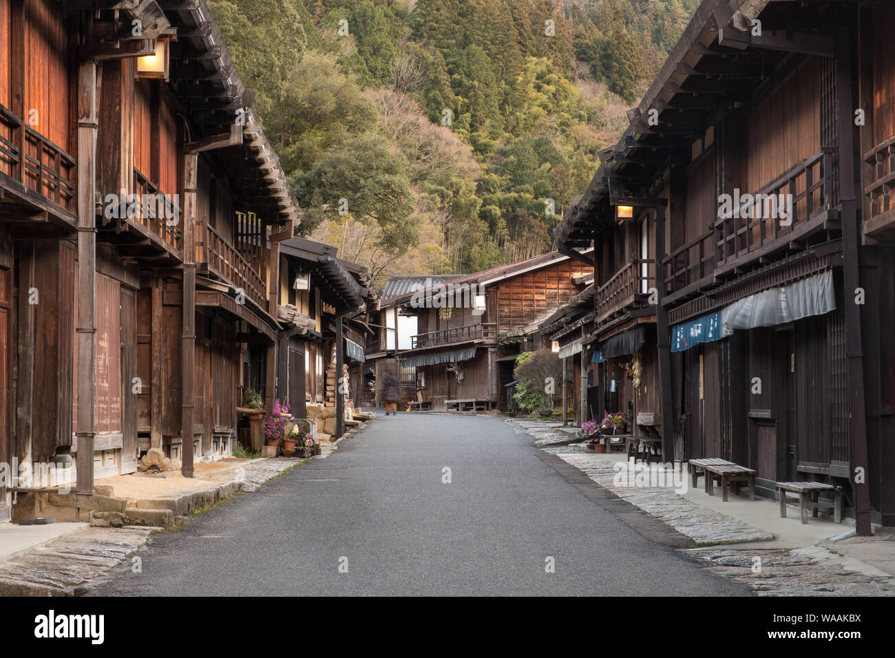 The main street of Tsumago, a traditional post-town along the old Nakasendo highway in Nagano, Japan Stock Photo