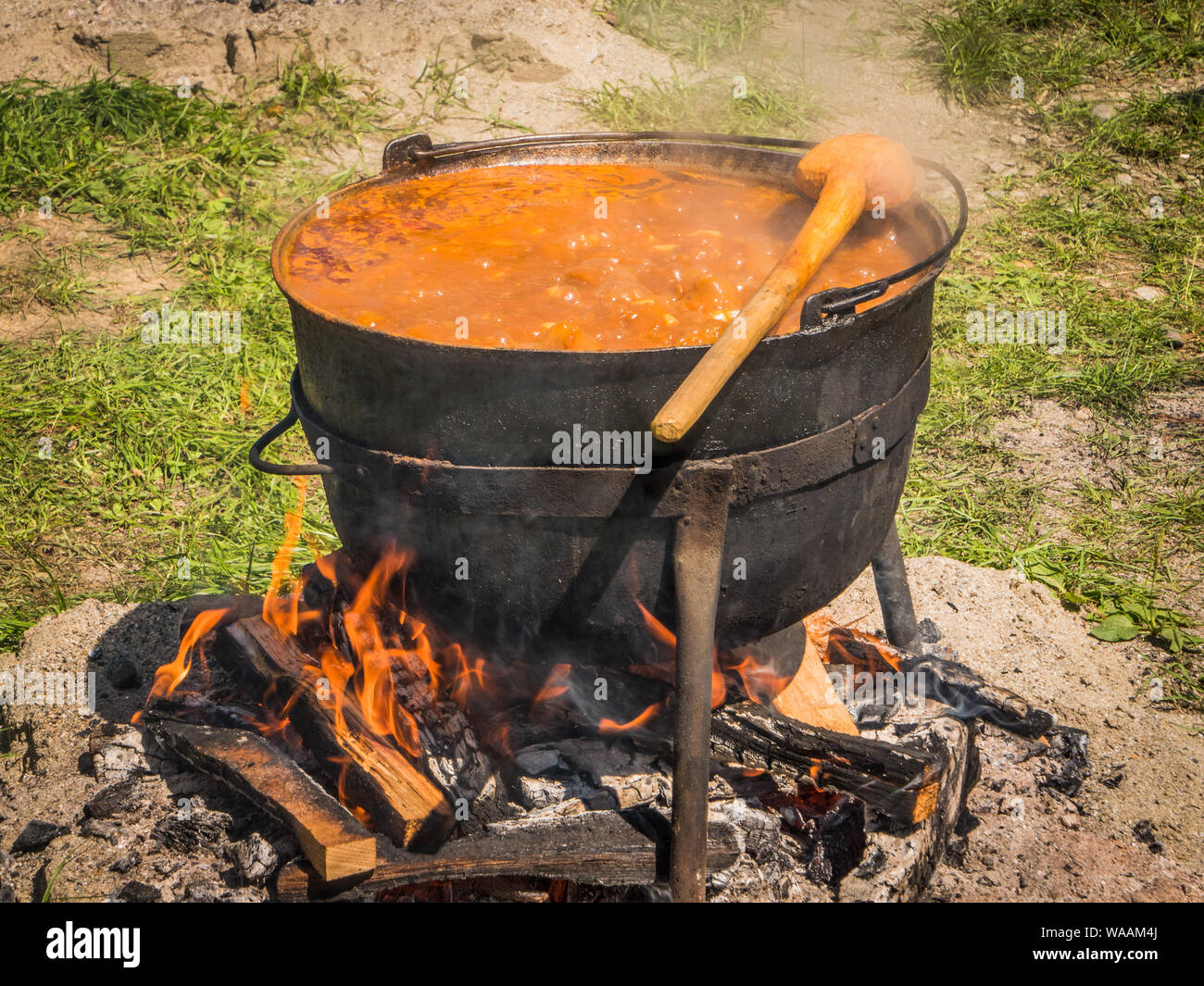 Gulyas Stew Boiling in a Cauldron with Wood Fire Stock Photo