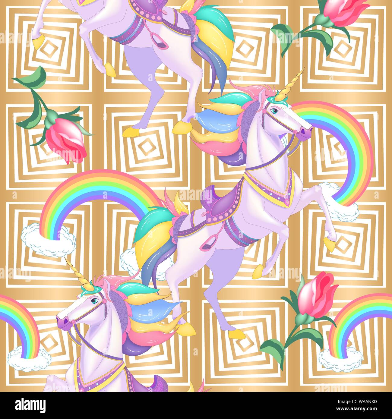 Cute white unicorns with rainbow hair on golden stripes seamless vector ...