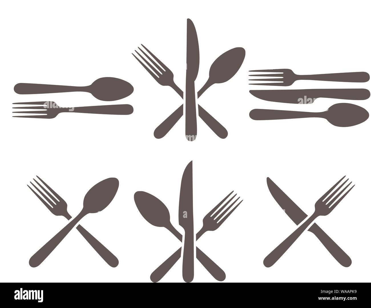 Cutlery icon set. Kitchen cutlery icons with fork, spoon and knife image, metal dining facilities for restaurant Stock Vector