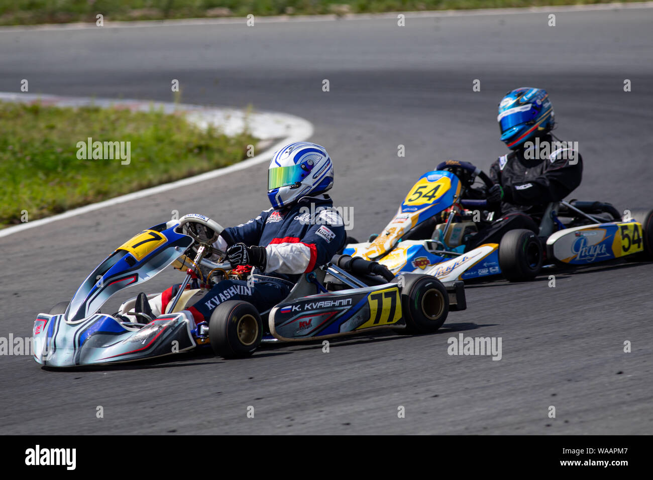 Unidentified pilots compete on the Atron track in the Rotax max Cup RAF series of sports karting, track race Stock Photo