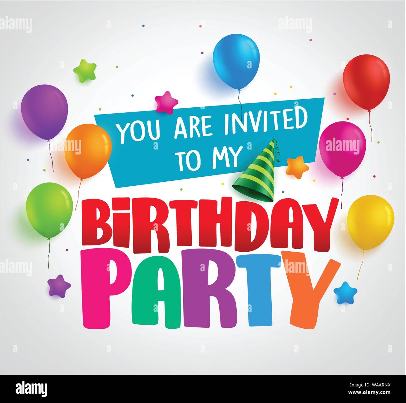 Birthday party invitation background vector design with greetings and  colorful balloons and birthday elements in white. Vector illustration Stock  Vector Image & Art - Alamy