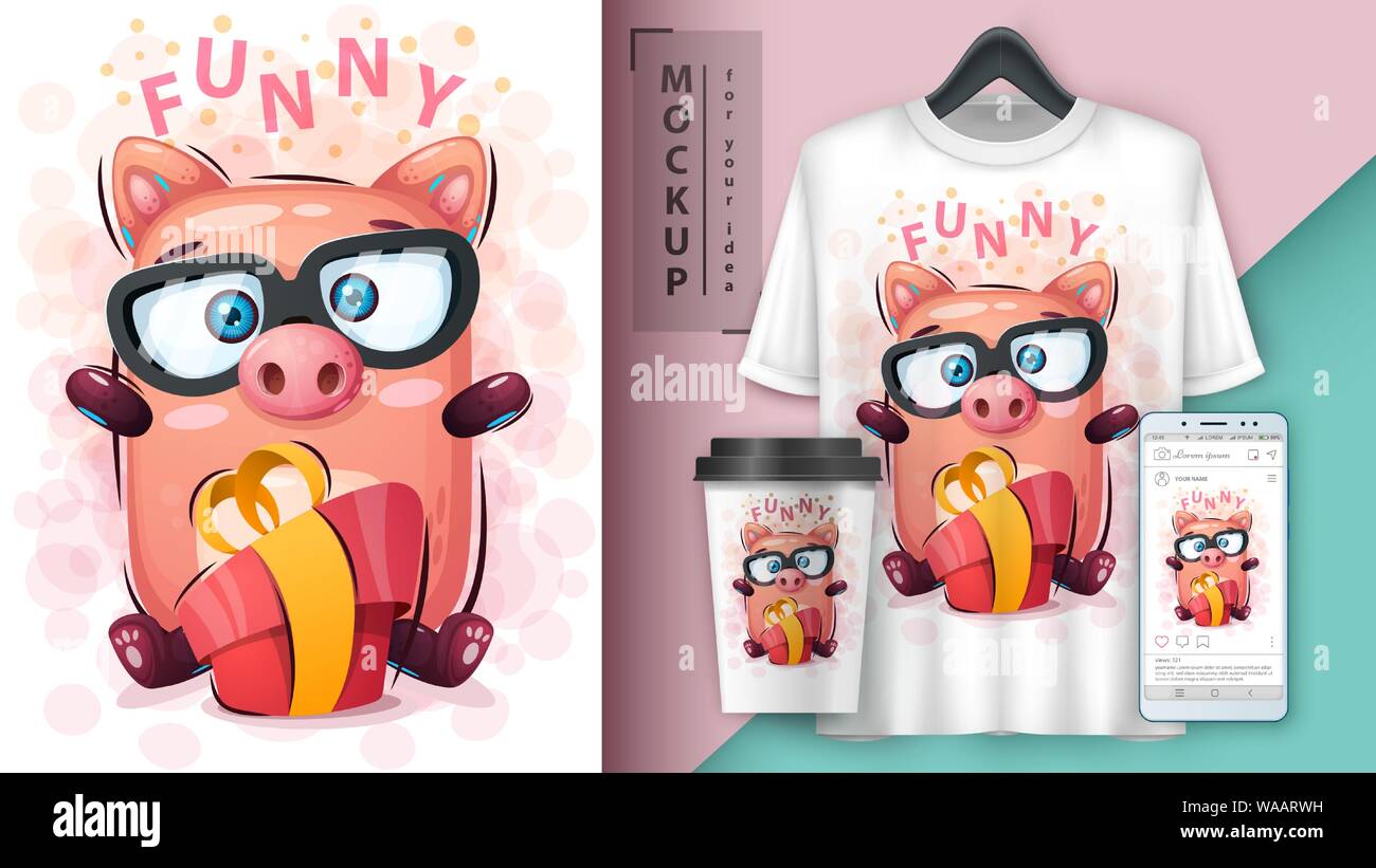 Pig with gift - mockup for your idea Stock Vector