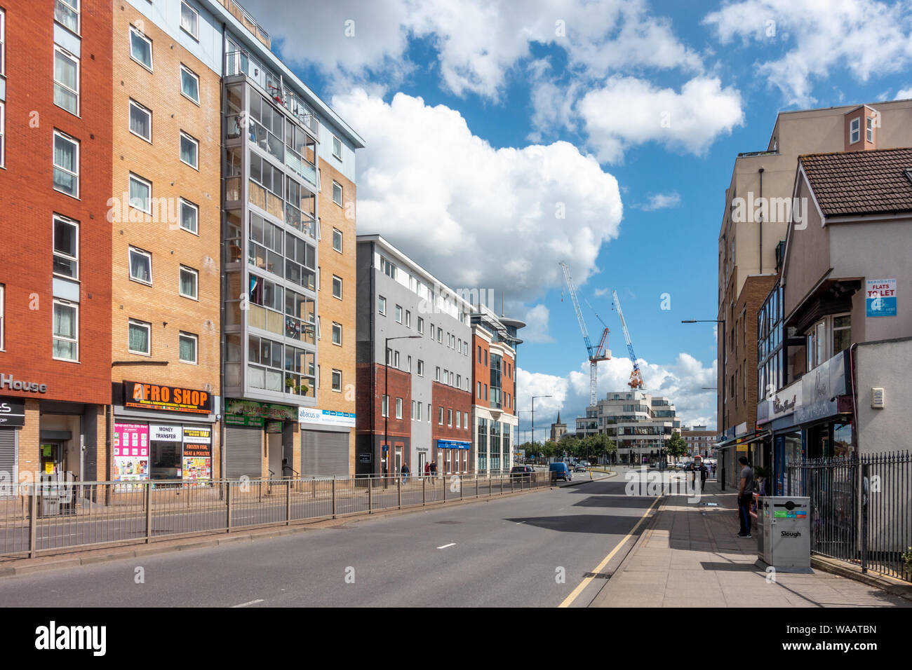 A view along the A4 Bath Road looking towards the centre of the town of Slough in Berkshire, UK Stock Photo