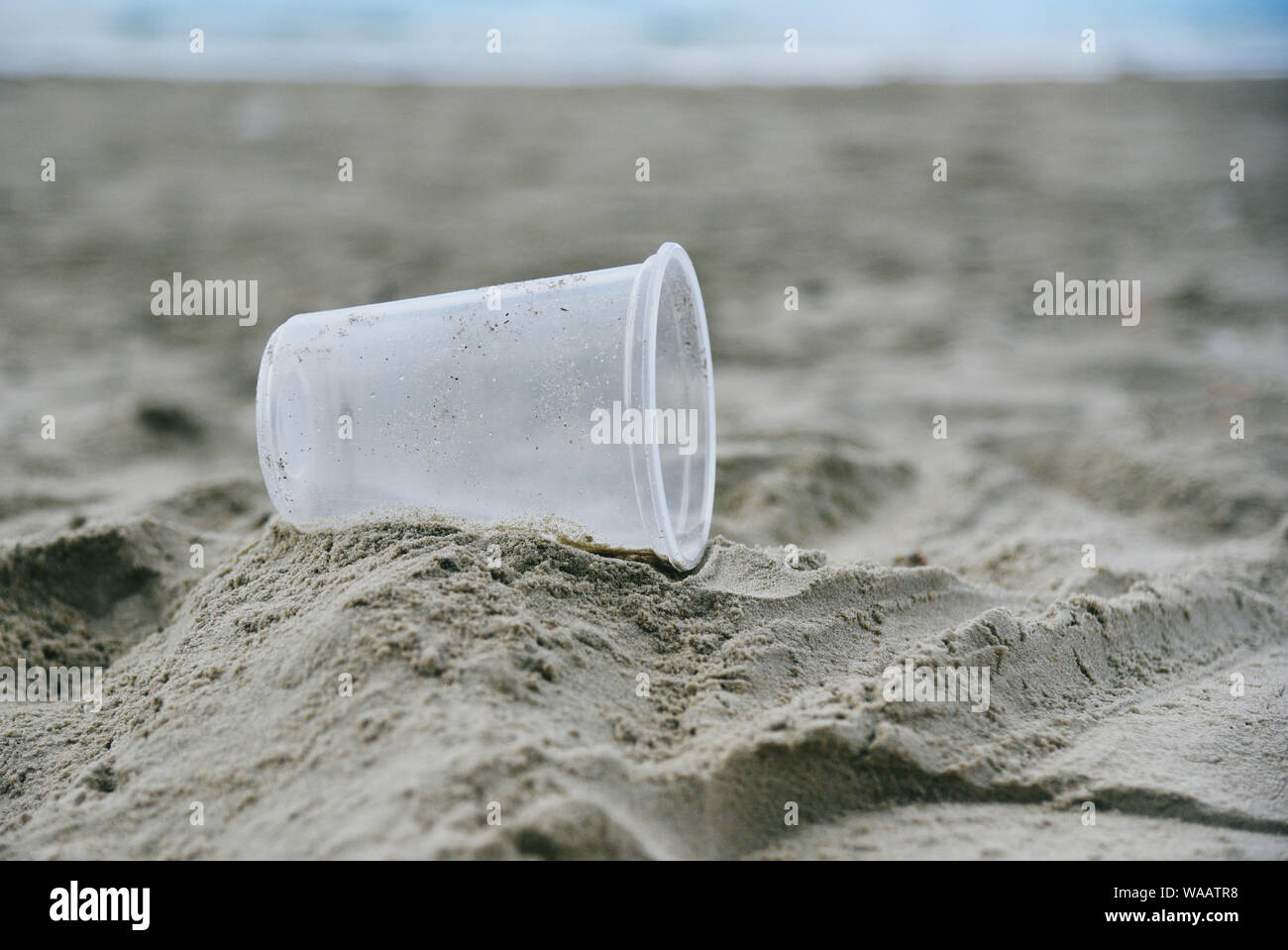 Garbage in the sea with plastic cup on beach sandy dirty sea on the ...