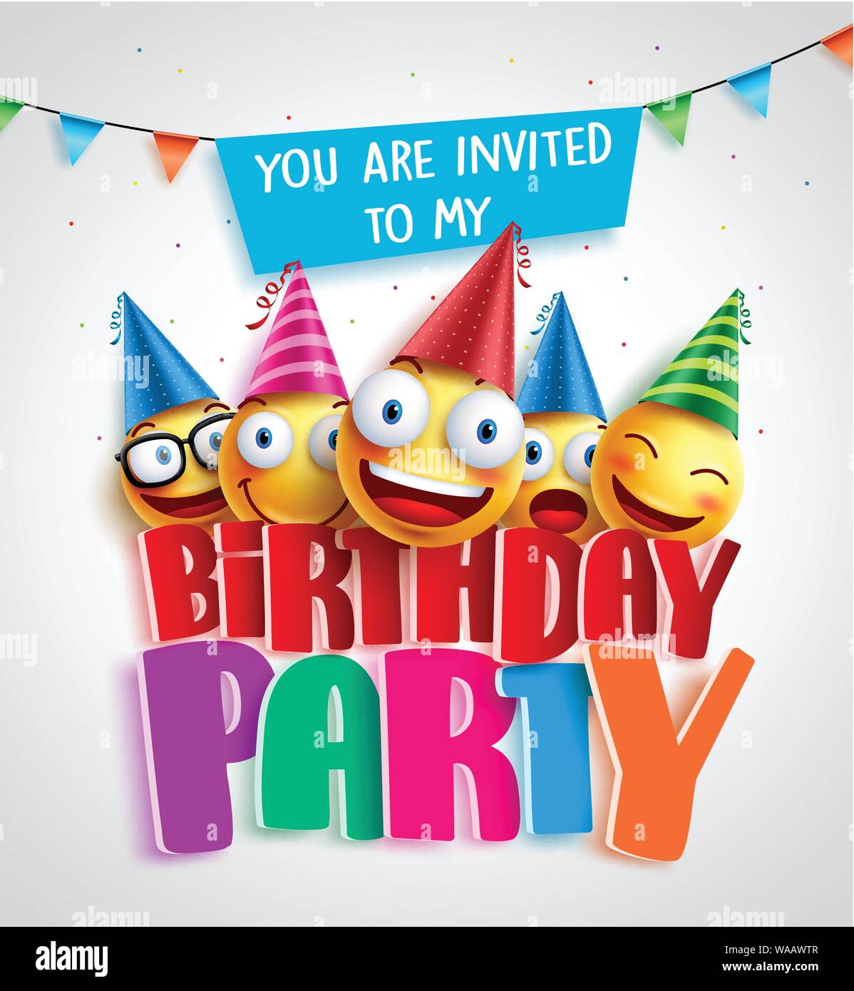 Birthday party invitation vector design with happy smileys wearing