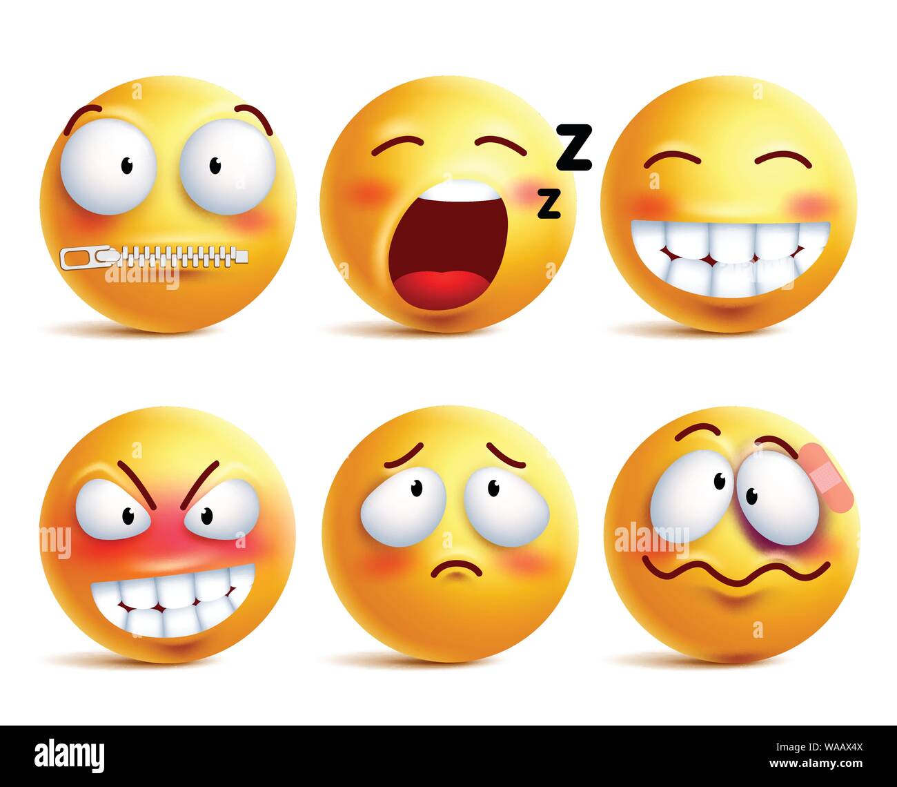 Smileys vector set. Yellow smiley face or emoticons with facial expressions and emotions like happy, zipped, sleepy and beaten isolated in white Stock Vector