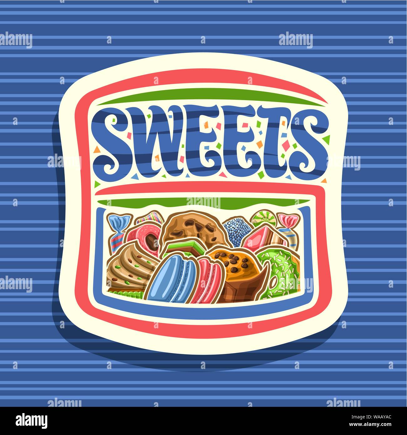 Vector logo for Sweets, cut paper sign with heap of cartoon gourmet