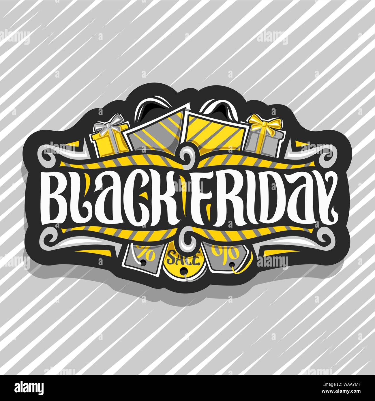 Vector Logo For Black Friday Dark Sign With Yellow Shopping Bags And Gift Box Original Brush Typeface For Words Black Friday Simple Minimalistic Co Stock Vector Image Art Alamy