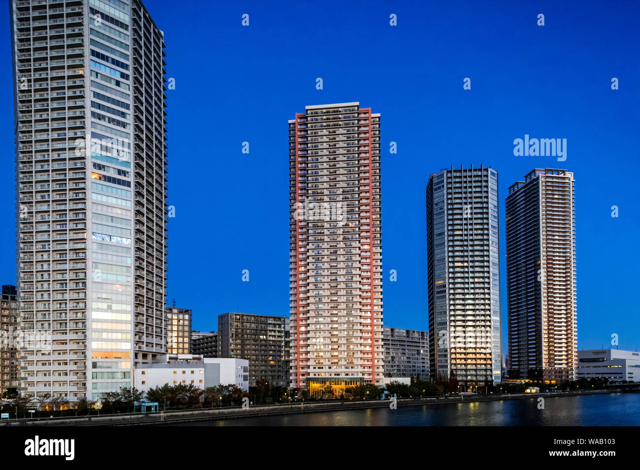 Japan, Honshu, Tokyo, Toyosu, Shinonome Waterfront High-rise Apartments ...