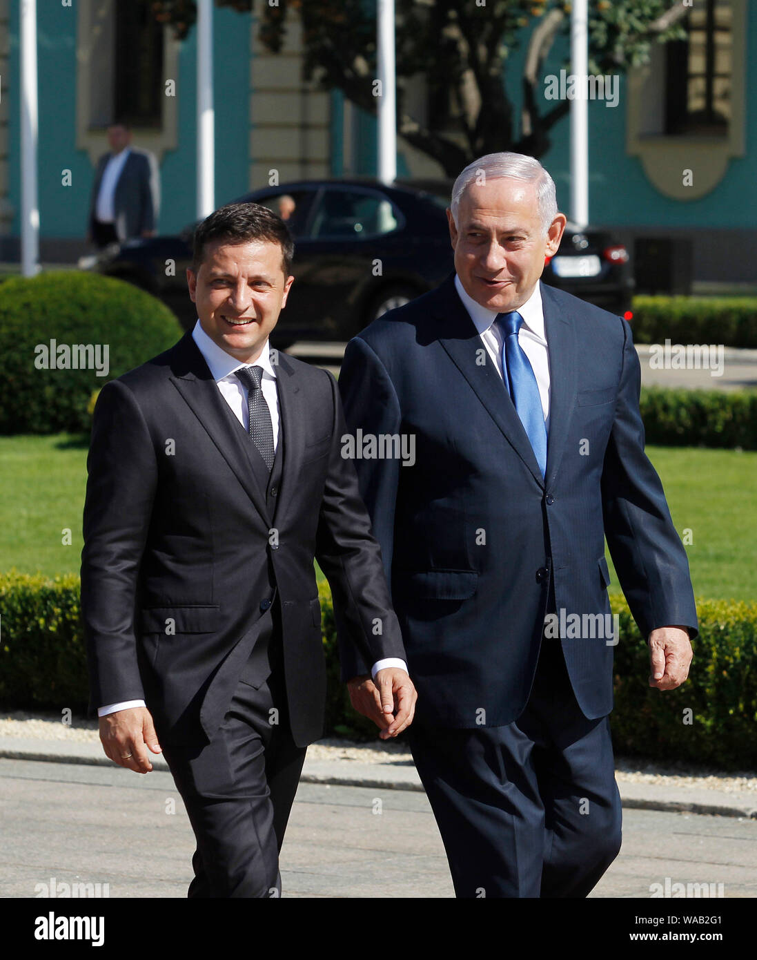 Israeli Prime Minister Benjamin Netanyahu (R) with Ukrainian President Volodymyr Zelensky (L) during the two-day state visit to Ukraine.Israeli Prime Minister Benjamin Netanyahu visits Ukraine to discuss the launch of a free trade zone between the countries and a pension agreement, during his a two-day state visit to Ukraine on August 18-19, as media reported. Stock Photo