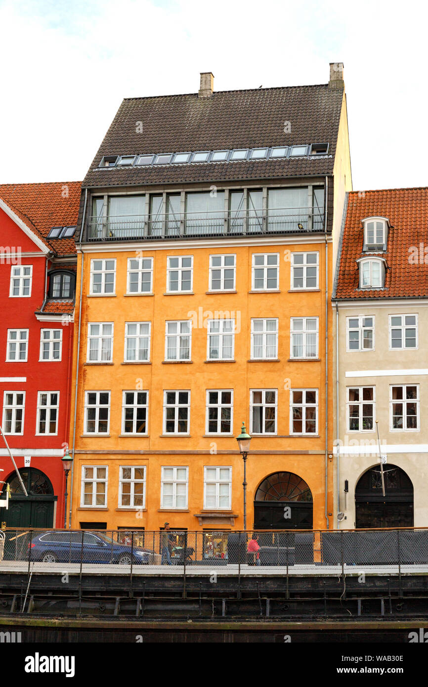 Hans Christian Andersen's house, in yellow, where the fairy story writer lived; 18, Nyhavn, Copenhagen, Denmark Scandinavia Stock Photo