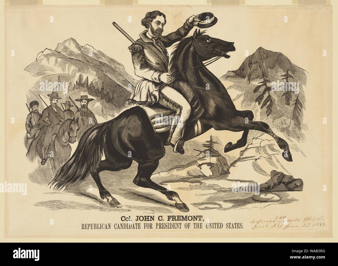 Col. John C. Fremont, Republican candidate for the President of the United States Abstract: Proof for a large woodcut banner or poster for Republican presidential candidate John C. Fremont. Fremont, a distinguished soldier and explorer, is mounted on a rearing horse in a mountain setting. Dressed in buckskins and with a rifle slung over his shoulder, he waves his cap in the air. Four other armed frontiersmen, also on horseback, are visible on the left. Stock Photo