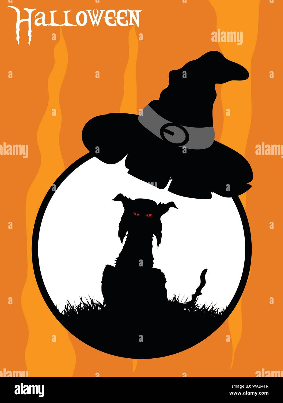 Black Silhouette Of a Spooky Cat With Red Eyes On Circular White Border With Witch Hat Over Orange and Yellow Background With Halloween Decorative Tex Stock Vector
