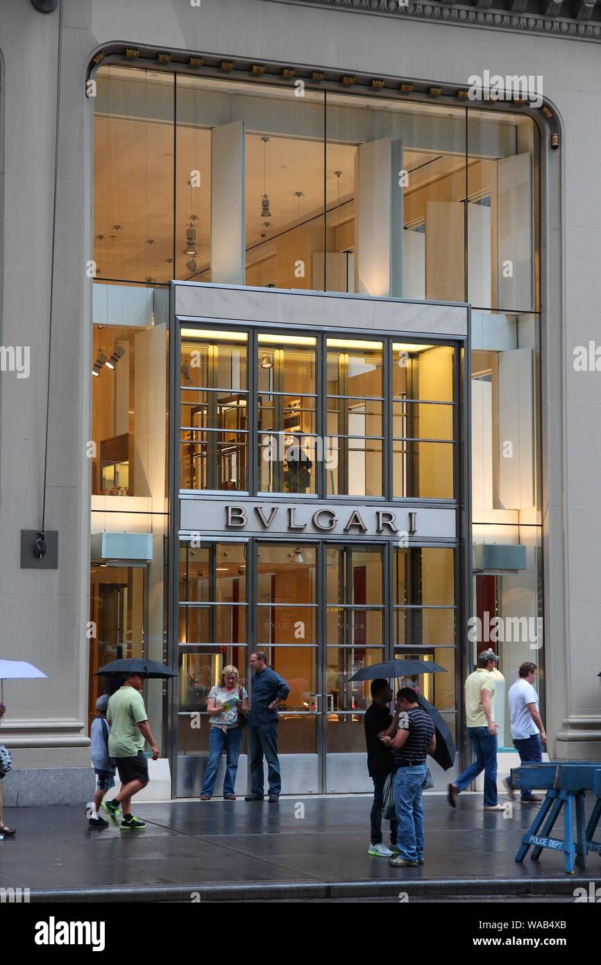 NEW YORK USA JULY 1 2013 People Walk By Bulgari Fashion Shop At 
