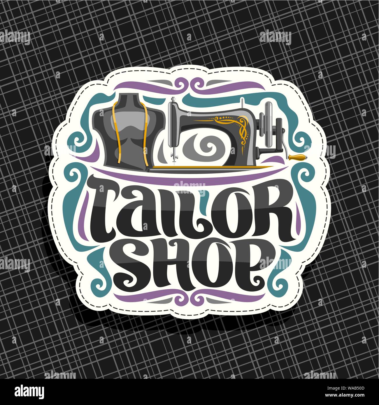 Vector Logo For Tailor Shop White Signboard With Vintage Sewing Machine Male Mannequin With Measure Tape For Suit Apparel Original Brush Typeface F Stock Vector Image Art Alamy