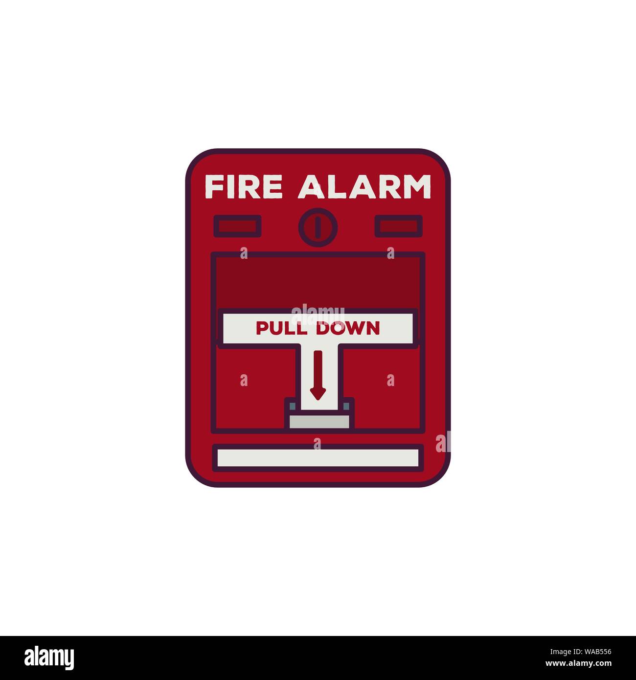 Fire alarm box. Fire alarm text, pull down switch. Line style vector illustration. Classic fire switch. Rescue and alarm pixel perfect banner. Stock Vector