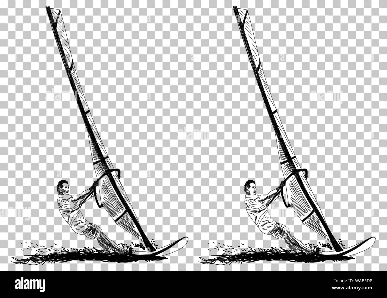Windsurfing Sketch. Transparency Grid Background Design. Vector Illustration. Stock Vector