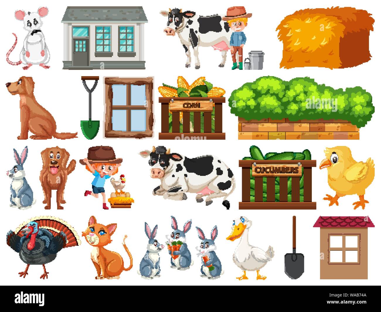 Large set of isolated farm objects illustration Stock Vector