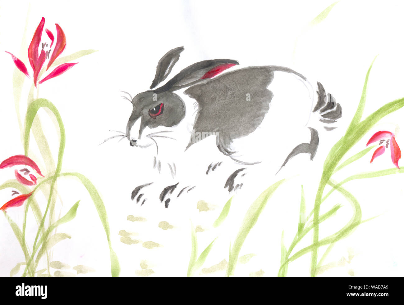 Watercolor grey hare (rabbit) sitting in grass and decorated by frame ...