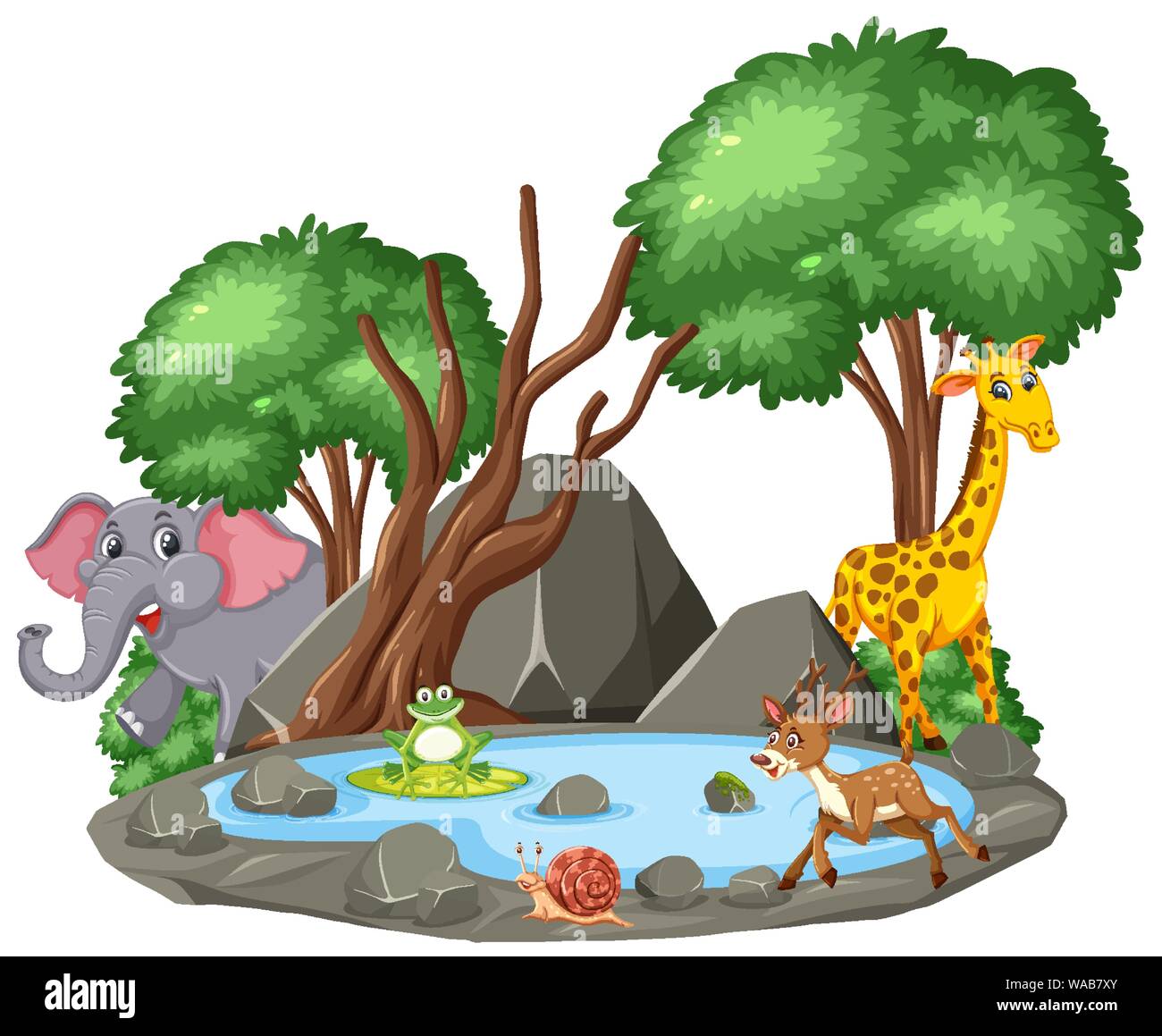 Background scene of wild animals and pond illustration Stock Vector ...