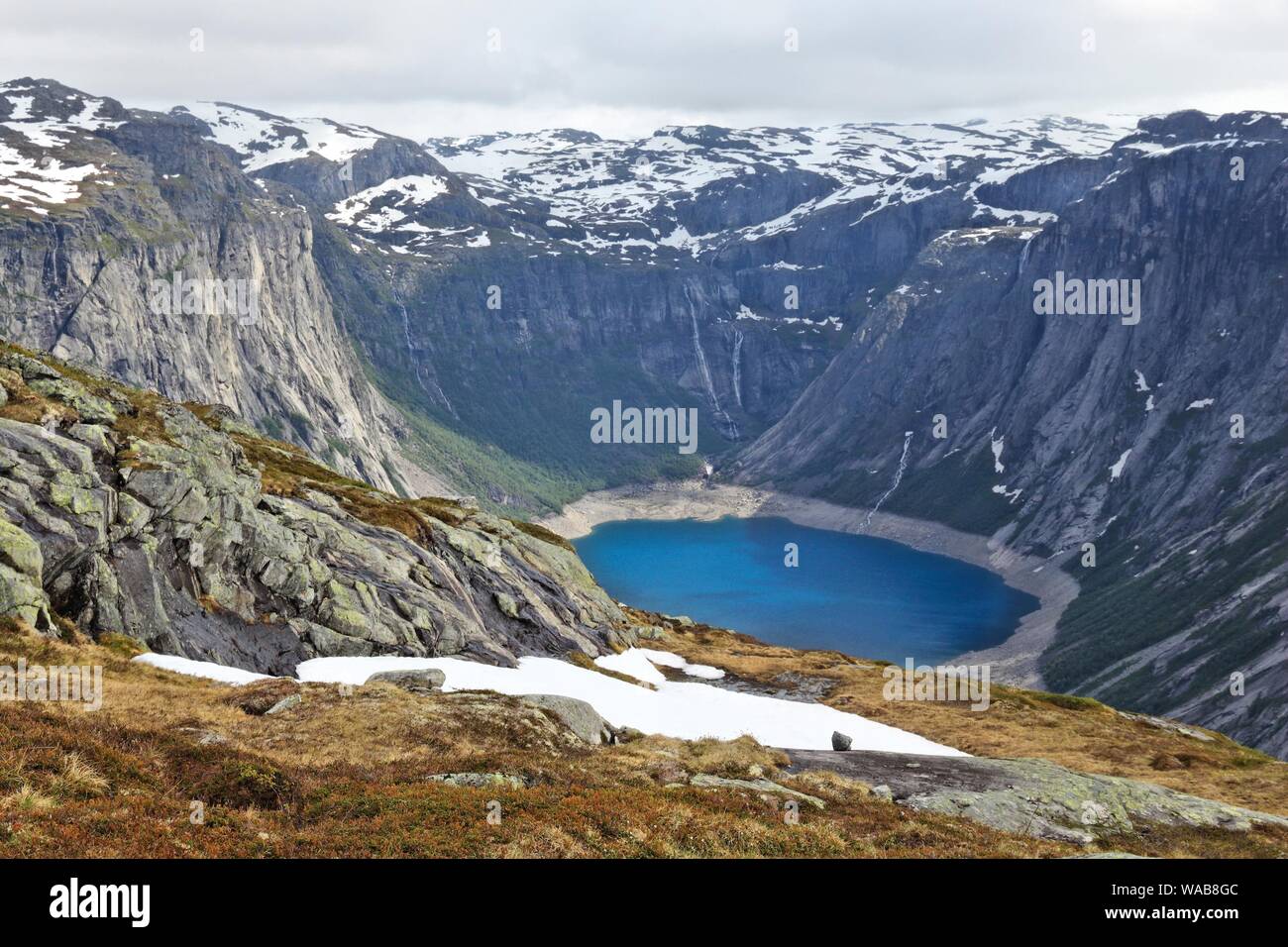 Norway landscape on the trail to Trolltunga (Troll's Tongue) rock in Hordaland county. Ringedalsvatnet lake. Stock Photo