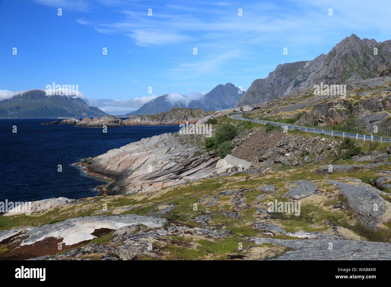 Road in Lofoten archipelago in Arctic Norway. Sea landscape in Austvagoya island. Stock Photo