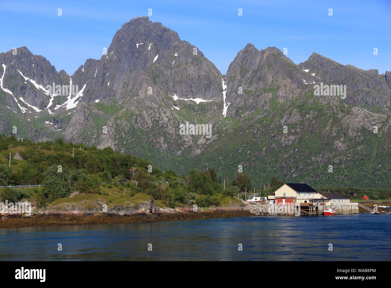 Norway landscape - village of Vestpollen, Lofoten islands. Stock Photo