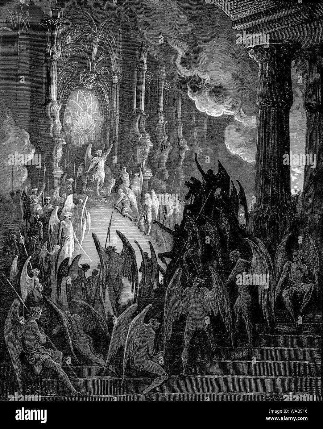 Gustave Doré, Satan talks to the Council of Hell, Paradise Lost engraving, 1866 Stock Photo