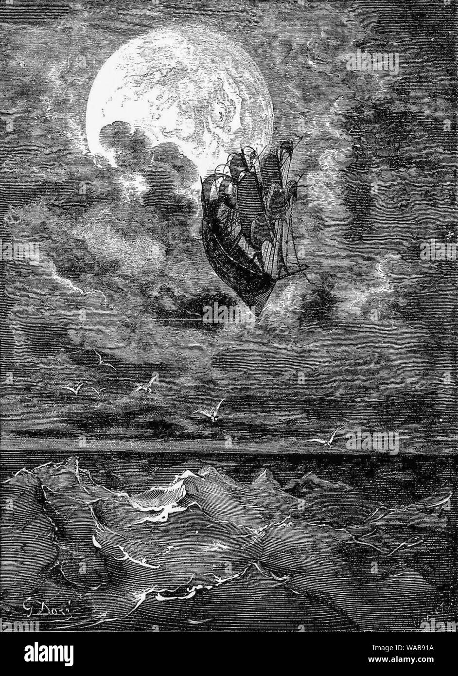 Gustave Doré, A Voyage to the Moon, from, The Adventures of Baron von Münchhausen, engraving, circa 1868 Stock Photo