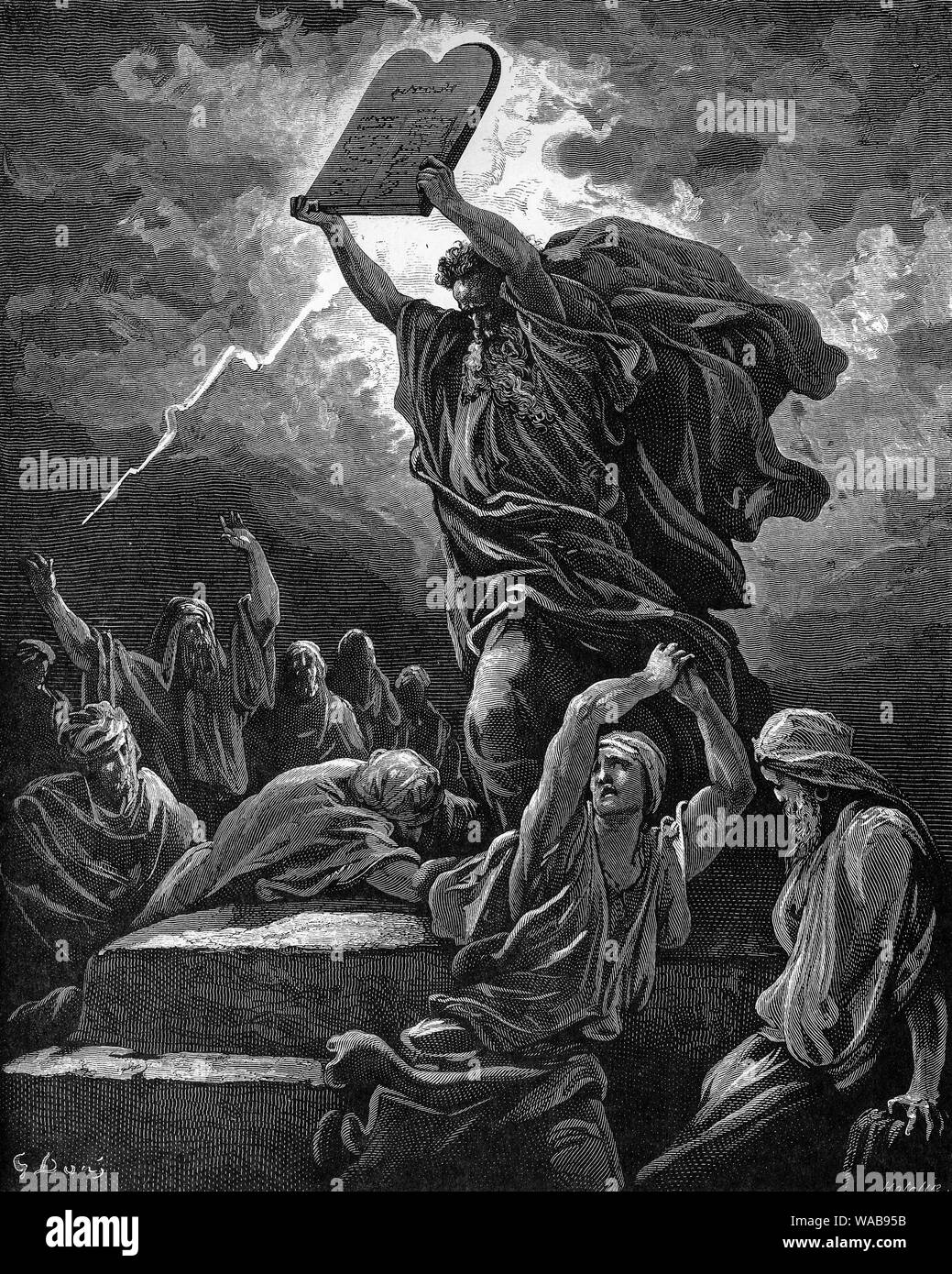 Gustave Doré, Moses Breaks the Tablets of the Law, engraving, 1866 Stock Photo