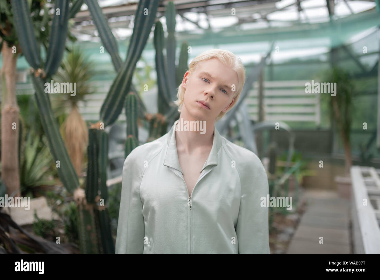 Model standing near cactuses while posing in greenhouse Stock Photo