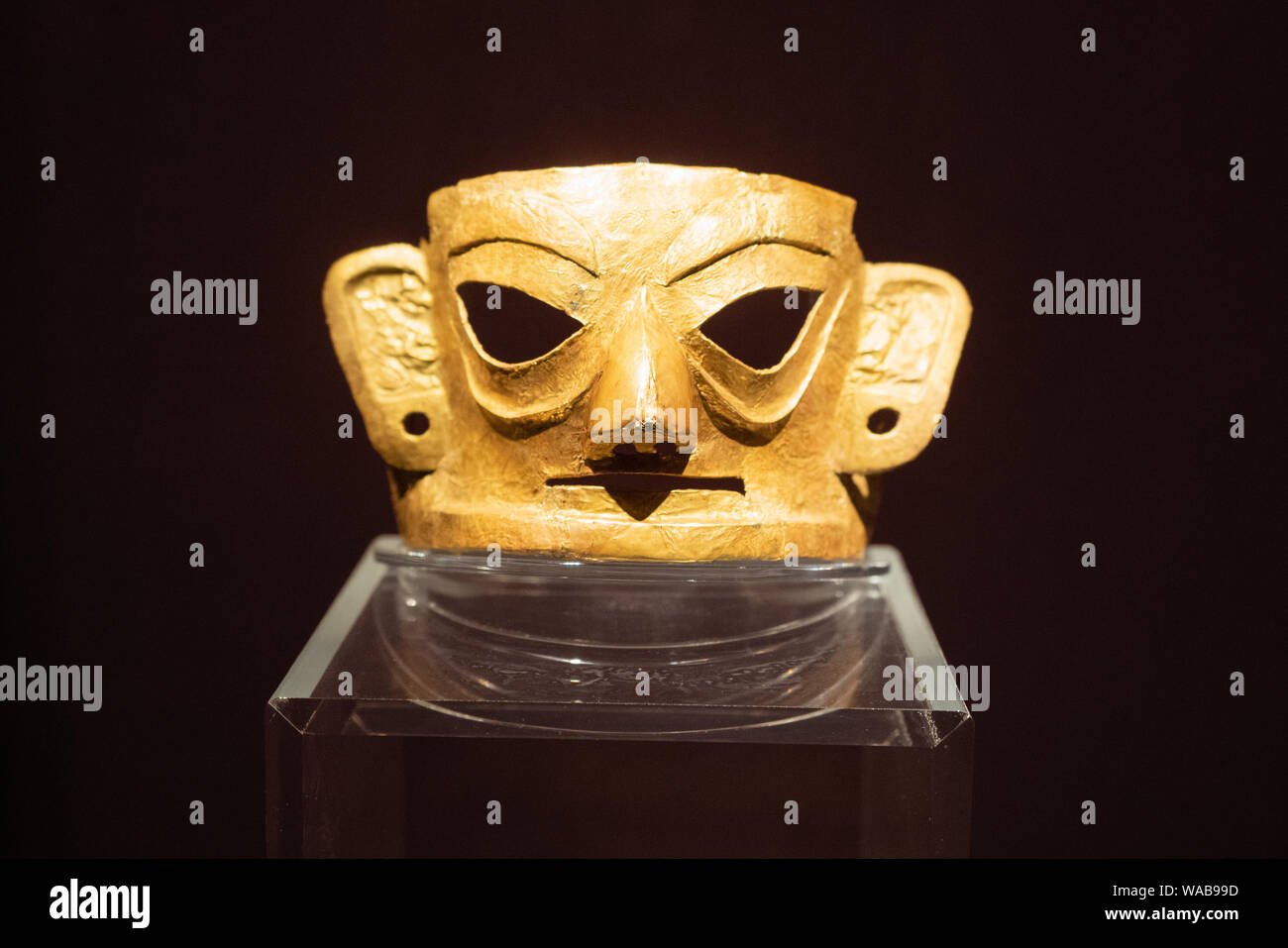 Chengdu China, 6 August 2019 : Gold mask from the Shu state kingdom at the Jinsha site museum exhibition Hall building in Chengdu Sichuan China Stock Photo