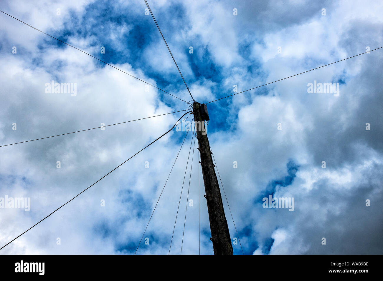 Wooden telegraph pole isolated against overcast sky UK Stock Photo