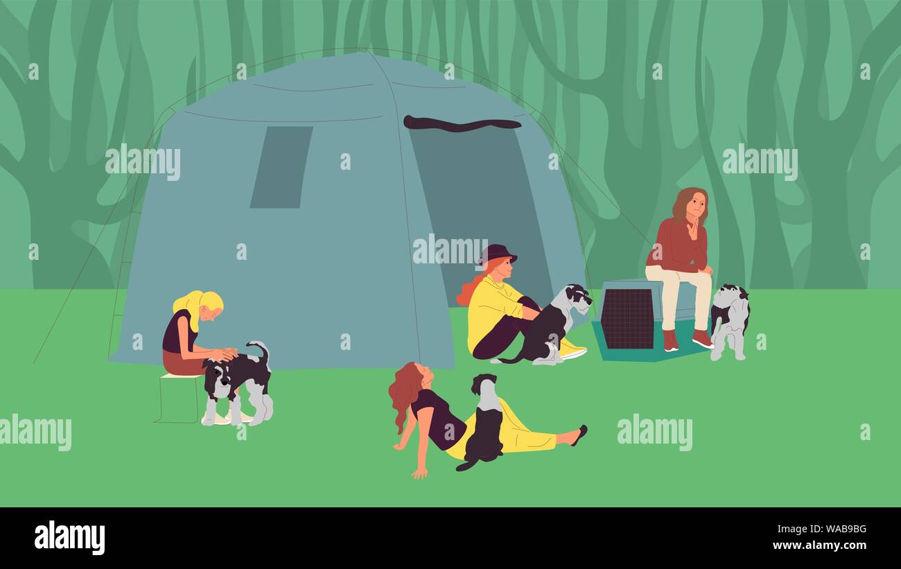 Group of girls sitting near tents with terrier dogs. Open air dog show attendants. Camping with pets. Flat style cartoon stock vector illustration.. Stock Vector