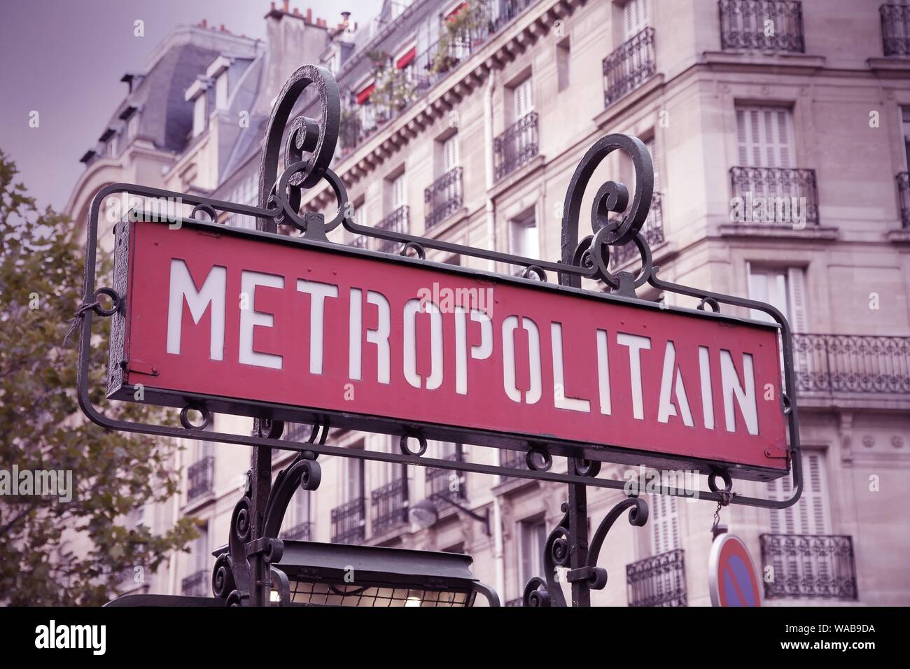 Paris, France retro metro station sign. Subway train entrance. Retro