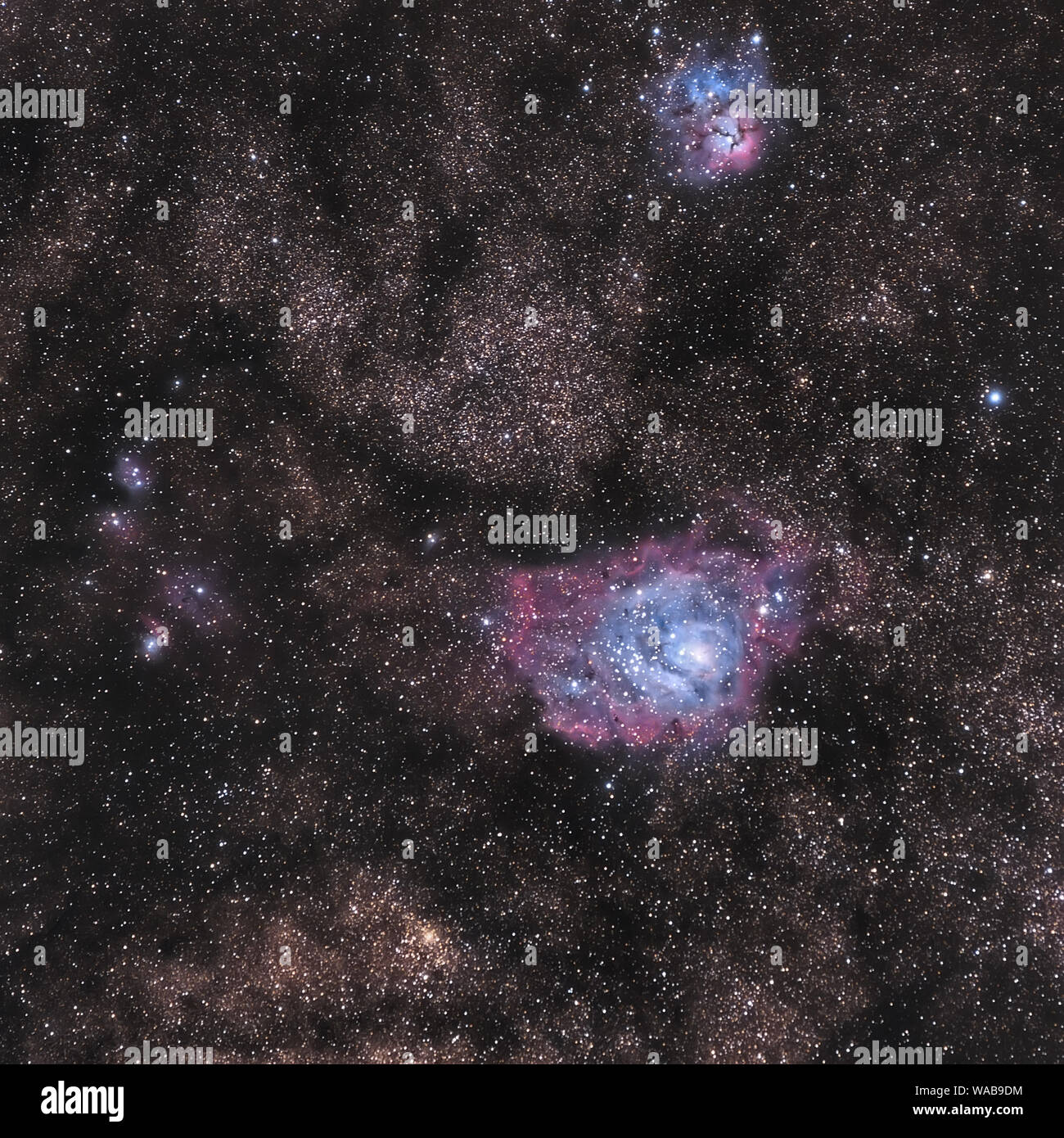 Lagoon ans trifid nebulae, m8 and m20 messier objects Stock Photo