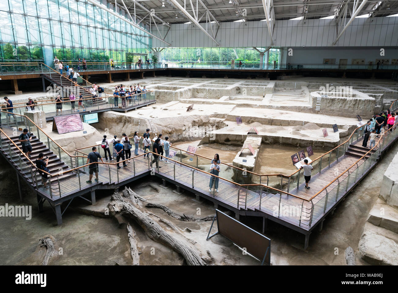 Chengdu China, 6 August 2019 : Interior of Jinsha site museum with view of the archaeological excavation site in Chengdu Sichuan China Stock Photo