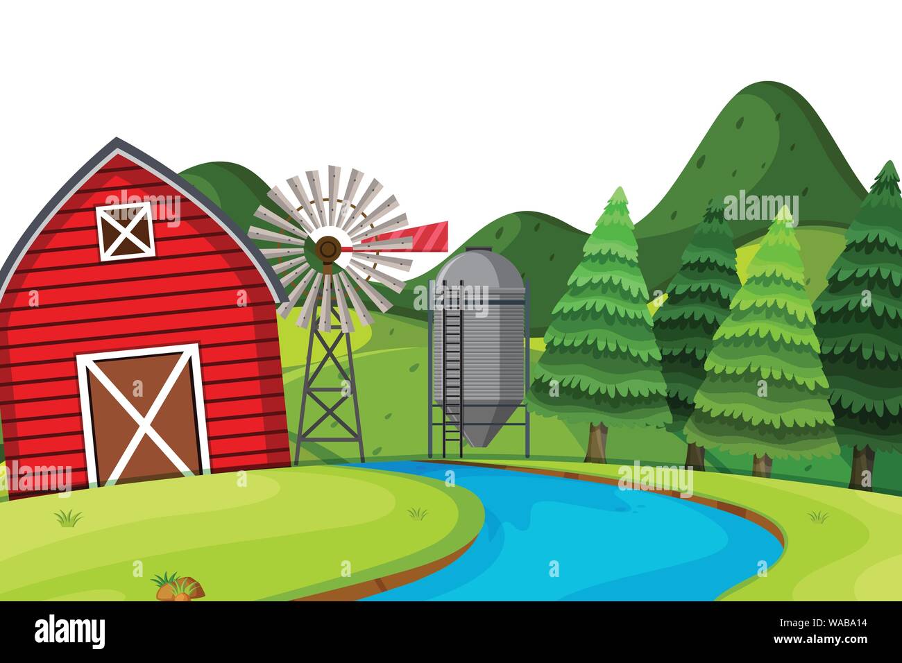 Scenery background of farmland with red barn illustration Stock Vector