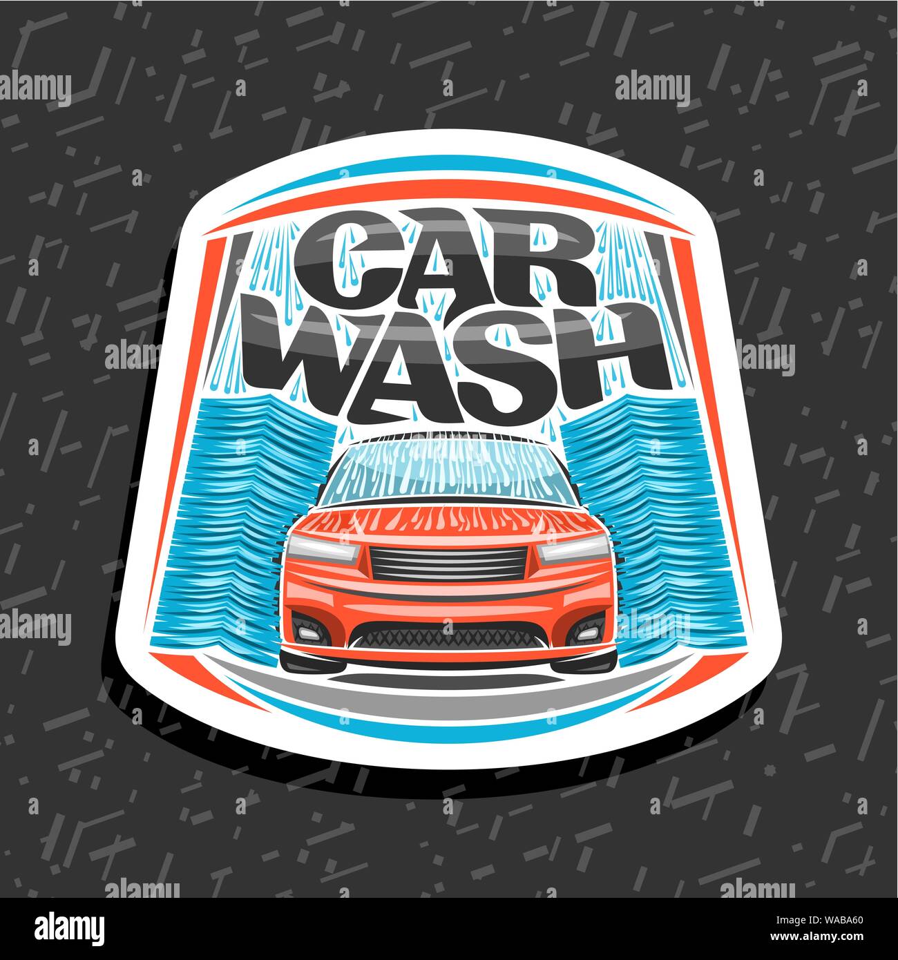 Vector logo for automatic Car Wash, poster with illustration of red sport car, flowing water and blue rotating brushing rollers, original typeface for Stock Vector