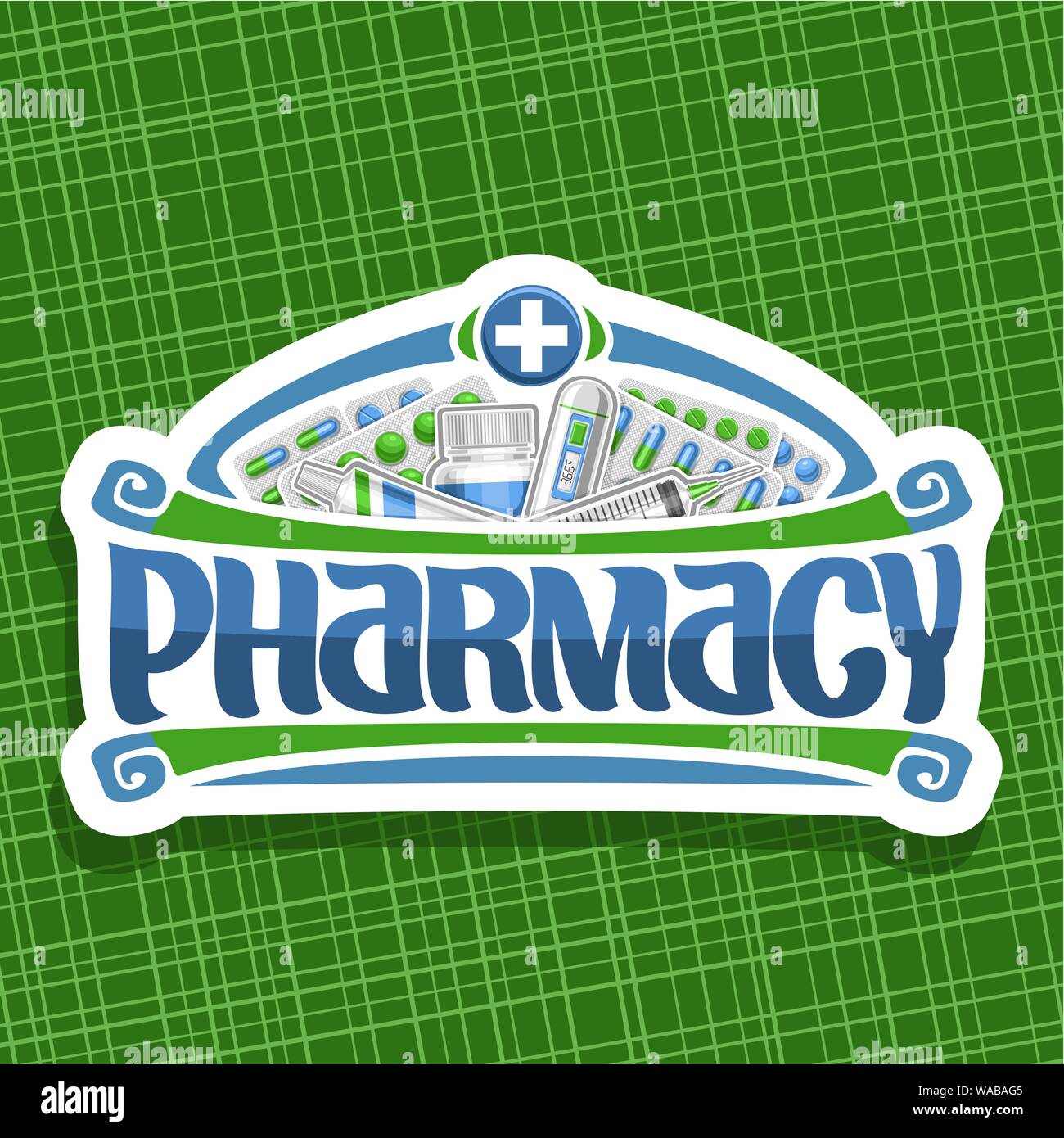 Vector logo for Pharmacy, cut paper sign with blue container, digital