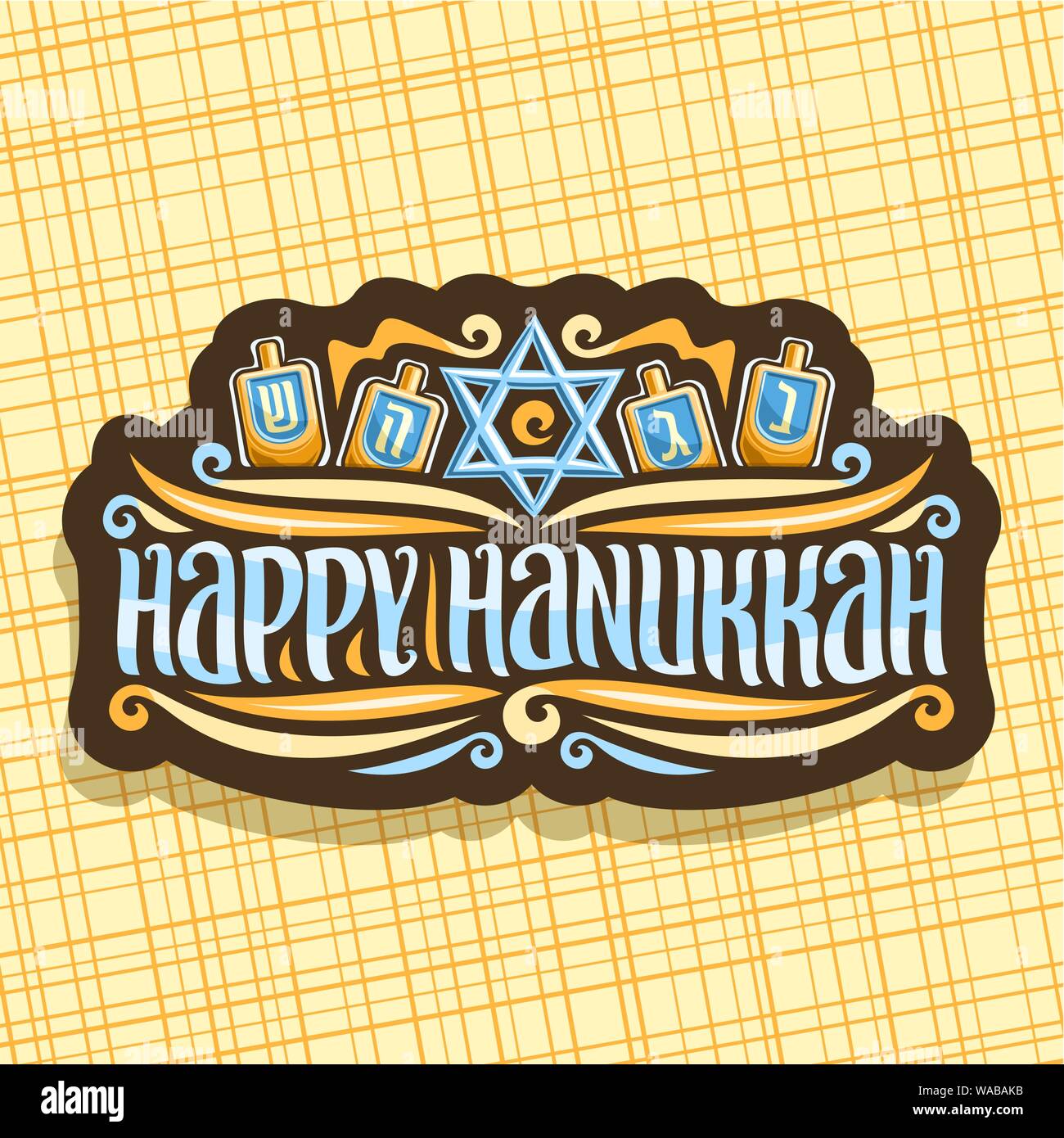 Vector logo for Hanukkah, dark label with blue star of David, 4 traditional spinning kids toys, decorative retro sticker with original brush lettering Stock Vector