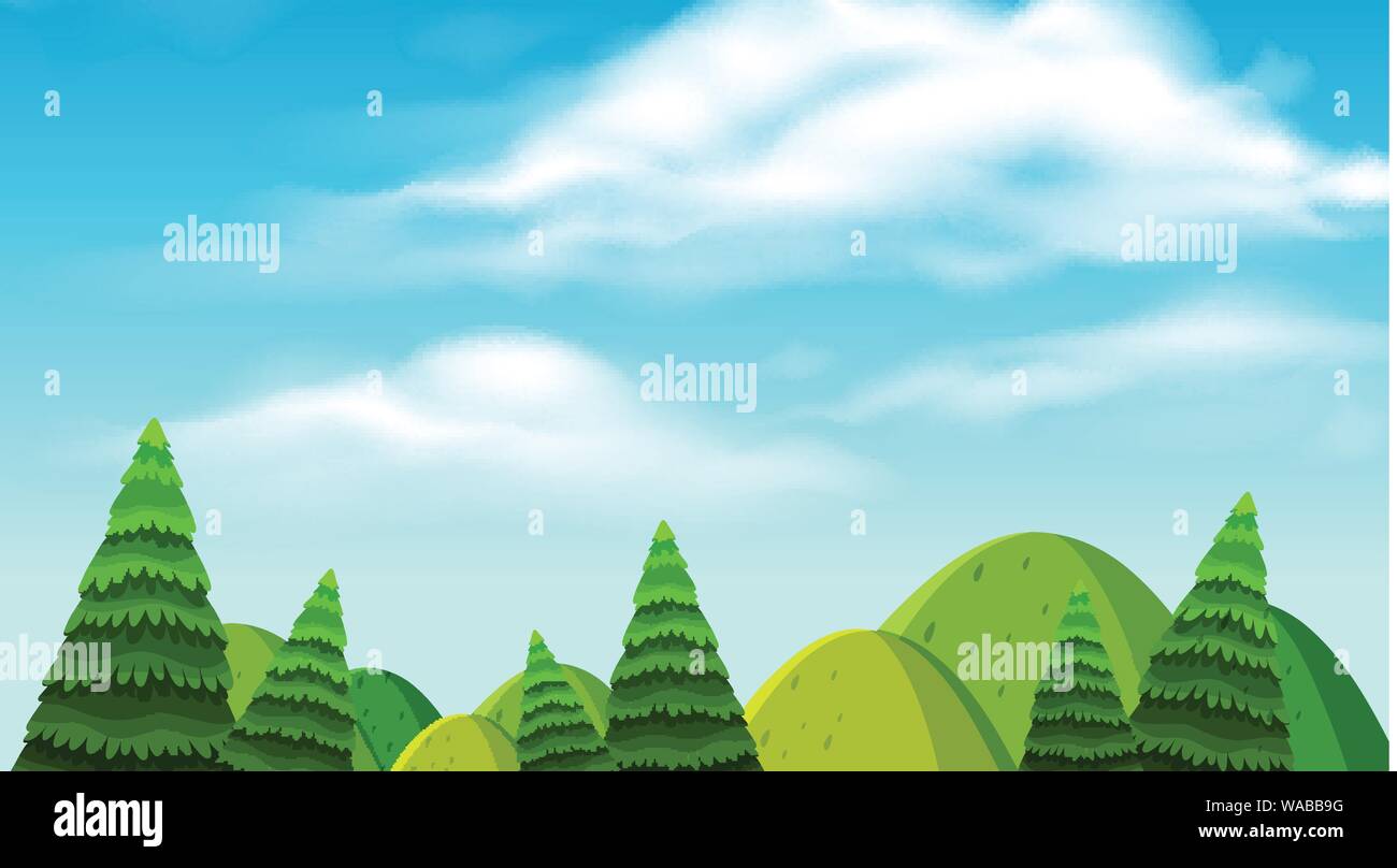Landscape background design of mountains and trees illustration Stock ...
