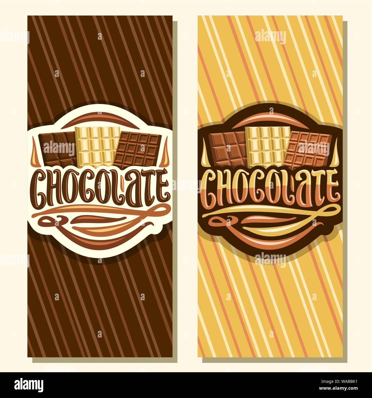 Vector banners for Chocolate, leaflets with choice of 3 different kind of whole premium chocolate bars on striped background, original brush typeface Stock Vector