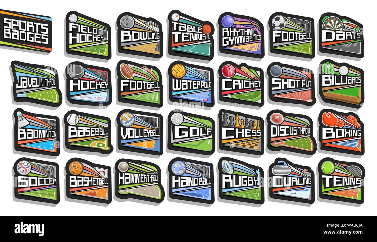 Vector set of Sports Badges, 27 signs of different kind sport games with original lettering, collection of isolated stickers with flying sport balls, Stock Vector